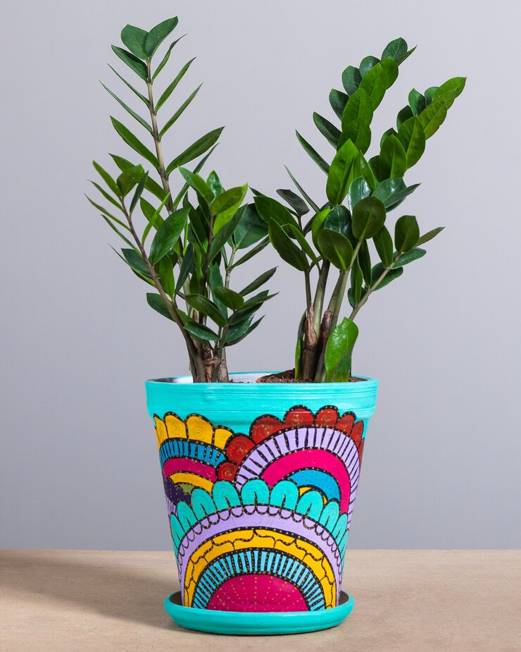 Foto gemma di zanzibar, zamioculcas, pianta zz nel vaso dipinto a mano