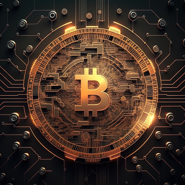 Genera simbolo bitcoin AI con rete di connessione su sfondo nero