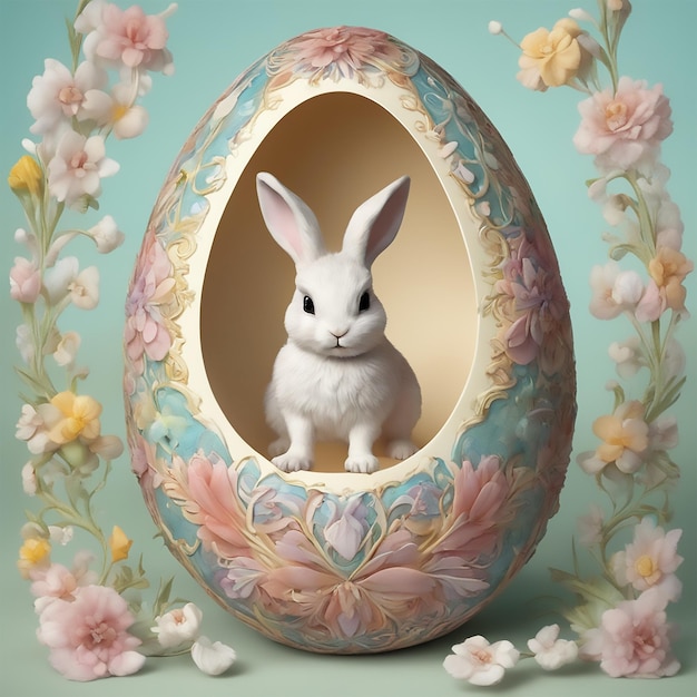 Genera un'immagine incantevole e stravagante di un coniglietto che emerge gioiosamente da uno splendido