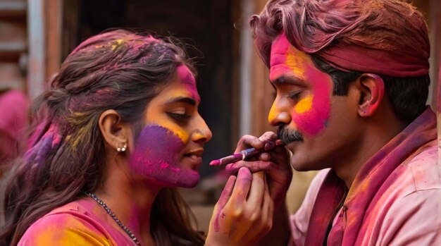 Generare immagine Uomo che mette il colore sul viso di una donna durante la celebrazione di Holi