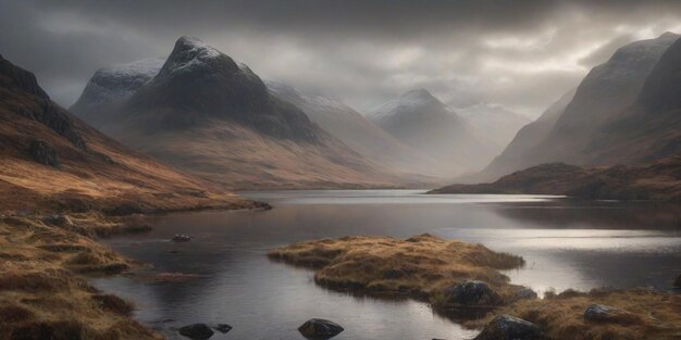 Generare una scena della bellezza accidentata delle Highlands scozzesi con montagne coperte di nebbia e serenità