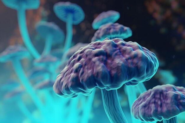 Generata rete neurale di funghi al neon magici e fatati