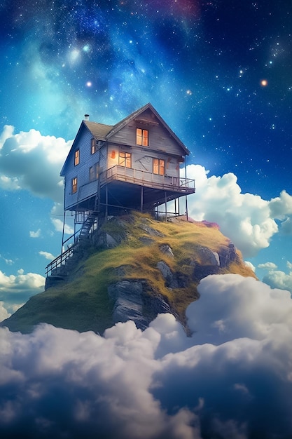 Generata una casa tra le nuvole con stelle e lune sopra Ai