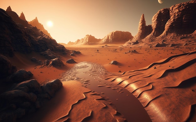 Generata una scena desertica con un pianeta rosso e una montagna sullo sfondo