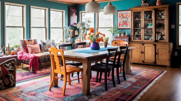 Generativa AI BohoChic Dining Room Uno spazio colorato ed eclettico