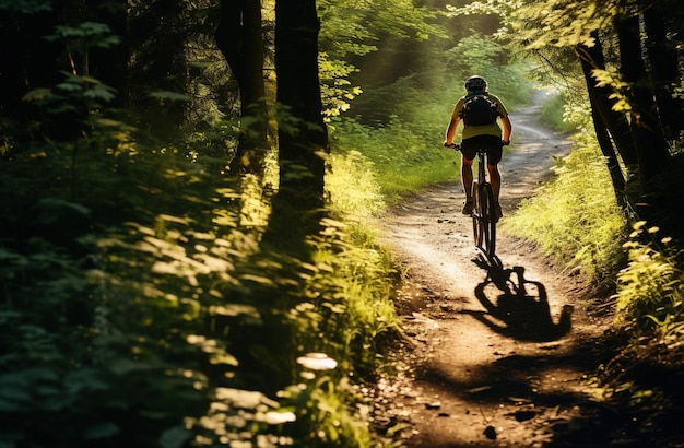 Generativa AI Ciclismo di montagna uomo in bicicletta in montagna foresta paesaggio ciclista