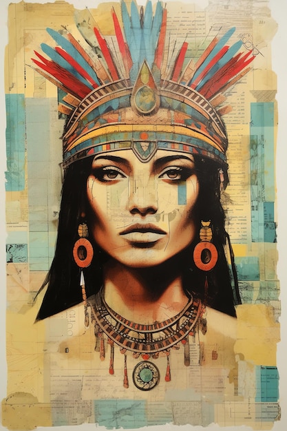 Generativa AI dipinta donna azteca su collage di giornale maschera rituale tradizionale