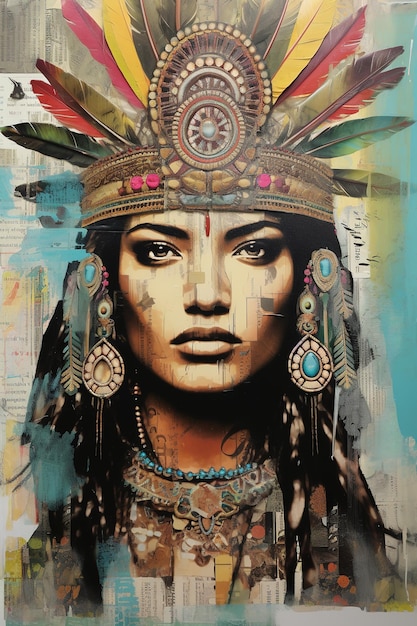 Generativa AI dipinta donna azteca su collage di giornale maschera rituale tradizionale