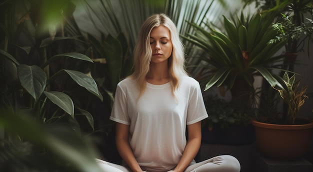 Generativa AI donna che fa meditazione estetica colori beige silenziati