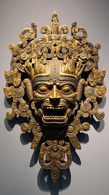 Generativa AI Elaborata maschera azteca d'oro e due pendenti laterali immagini