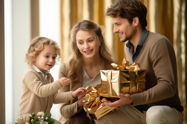 Generativa AI felice famiglia madre padre e figli con regali di Natale su un retro di legno vuoto