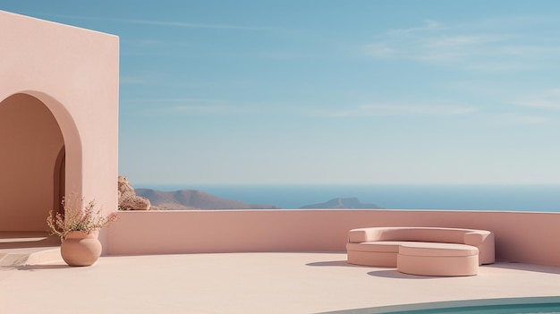 Generativa AI Ibiza estetica villa casa e paesaggio costiero colori attenuati minimalismo