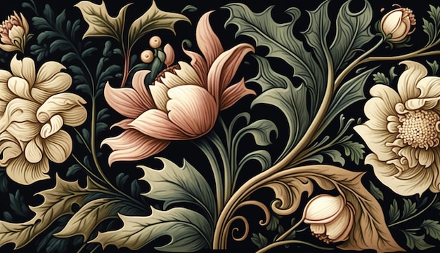 Generativa AI modello floreale colorato William Morris ispirato a piante e fiori naturali sfondo
