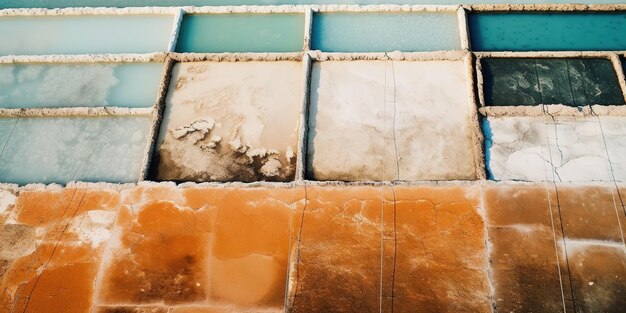 Generativa AI Paesaggio di fattoria di sale fotorealistico vista dall'alto drone striscia orizzontale Estrazione del sale dall'acqua di mare