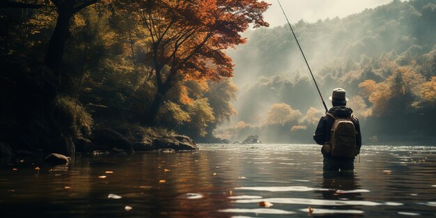 Generativa AI Pesca con le canne sul paesaggio autunnale vicino al pescatore del fiume con colori soffocati che girano