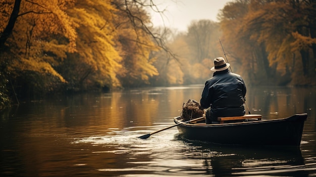 Generativa AI Pesca con le canne sul paesaggio autunnale vicino al pescatore del fiume con colori soffocati che girano