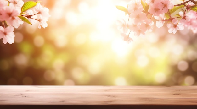 Generativa AI Spring Serenity Cherry Blossom Delight su un tavolo di legno in un frutteto in fiore