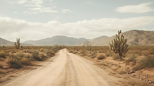 Generativa AI strada solitaria nel deserto estetica colori neutri silenziati piante di cactus