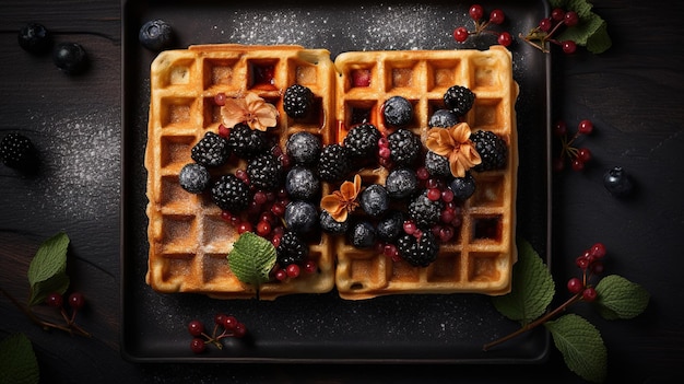 Generativa AI Waffle belgi assortiti con frutta e sciroppo dolce da forno