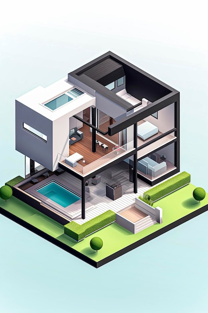 Generative AI 3D Recreation illustrazione di una casa di lusso isometrica costruita con materiali sostenibili