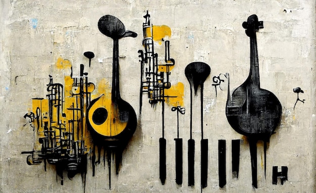 Generative AI Abstract Street art con sagome di chiavi e strumenti musicali