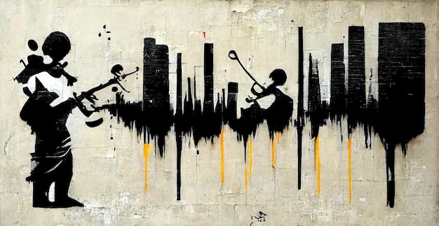 Generative AI Abstract Street art con sagome di chiavi e strumenti musicali