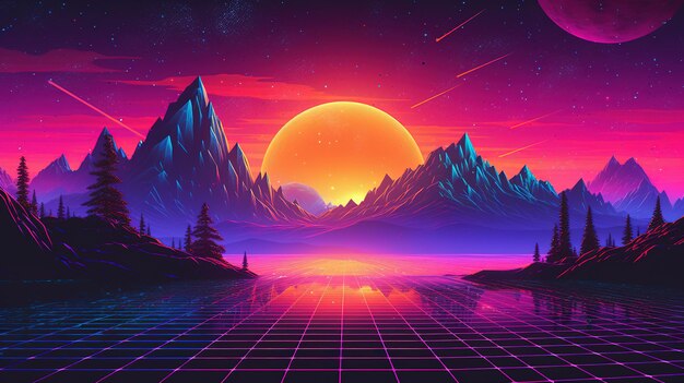 Generative AI anni '80 retrò futuristico scifi nostalgico anni '90 Notte e tramonto colori al neon cyberpunk