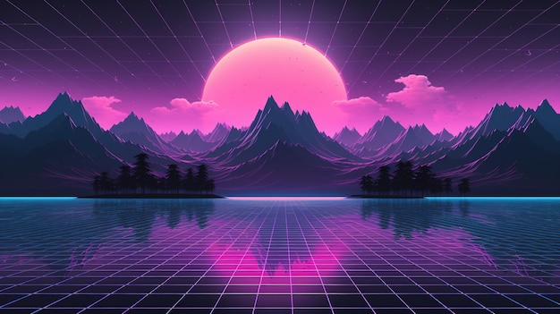 Generative AI anni '80 retrò futuristico scifi nostalgico anni '90 Notte e tramonto colori al neon cyberpunk