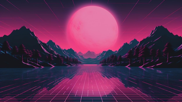 Generative AI anni '80 retrò futuristico scifi nostalgico anni '90 Notte e tramonto colori al neon cyberpunk