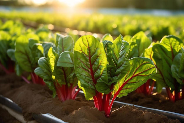 Generative AI Arcobaleno biologico fresco Bietola svizzera pronta per il raccolto Verdura a foglia verde comune in