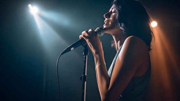 Generative AI attraente cantante jazz femminile che si esibisce dal vivo