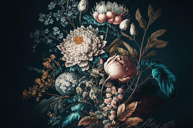 Generative AI bella fantasia carta da parati vintage mazzo di fiori botanici motivo vintage per stampa floreale