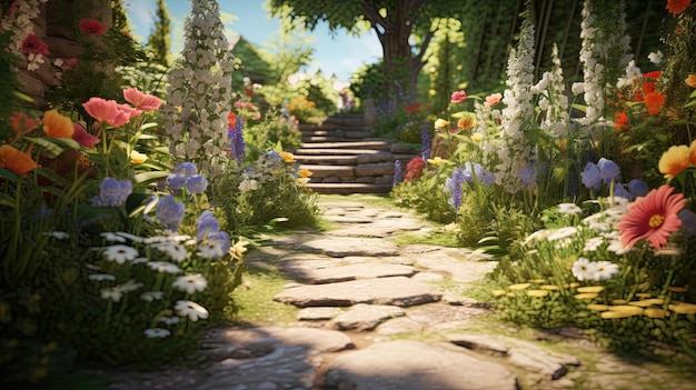 Generative AI Bellissimo giardino privato estivo con molti fiori e piante paesaggio naturale