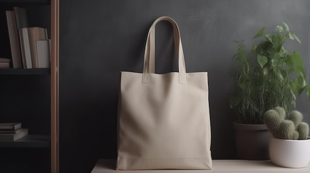 Generative AI Borsa in tessuto di tela beige realistica all'interno della shopper interna di casa mock up