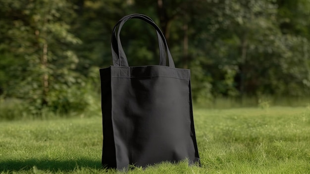 Generative AI Borsa in tessuto di tela nera realistica messa a punto sull'erba verde shopper mock up vuoto