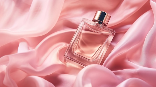 Generative AI Bottiglia di profumo su sfondo di seta rosa Fiala di vetro con disegno di imballaggio di fragranza rosa