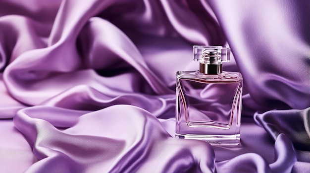 Generative AI Bottiglia di profumo su sfondo di seta viola Fiala di vetro con design di imballaggio di fragranza viola