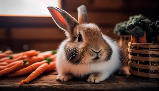 Generative AI Bunny Bliss Un coniglio domestico morde carote in un accogliente rifugio interno