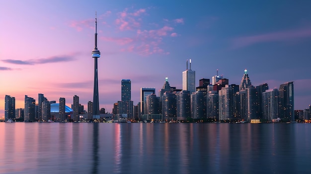 Generative AI Canada Ontario Toronto Skyline della città sul lago al crepuscolo