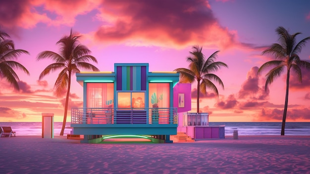 Generative AI Capanne sulla spiaggia di Miami Summer Vibes illustrazione retrò Colori rosa e blu vintage