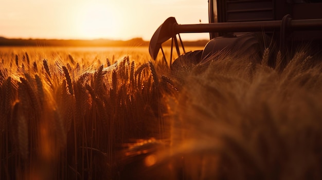 Generative AI closeup mietitrebbia moderna su un paesaggio agricolo campo di grano agricolo