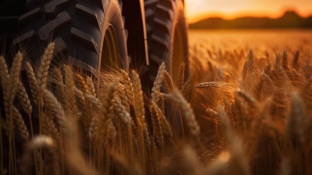 Generative AI closeup mietitrebbia moderna su un paesaggio agricolo campo di grano agricolo