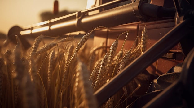 Generative AI closeup mietitrebbia moderna su un paesaggio agricolo campo di grano agricolo