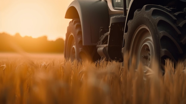 Generative AI closeup mietitrebbia moderna su un paesaggio agricolo campo di grano agricolo