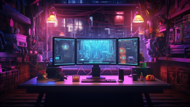 Generative AI Computer sul tavolo in stile cyberpunk nostalgico anni '80 anni '90 luci notturne al neon vibranti