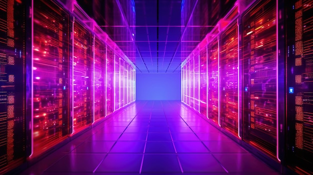 Generative AI Data Center moderna sala server ad alta tecnologia in colori al neon viola Moderno database di intelligenza artificiale per il cloud computing delle telecomunicazioni