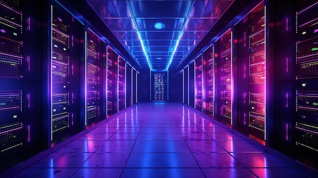 Generative AI Data Center moderna sala server ad alta tecnologia in colori al neon viola Moderno database di intelligenza artificiale per il cloud computing delle telecomunicazioni