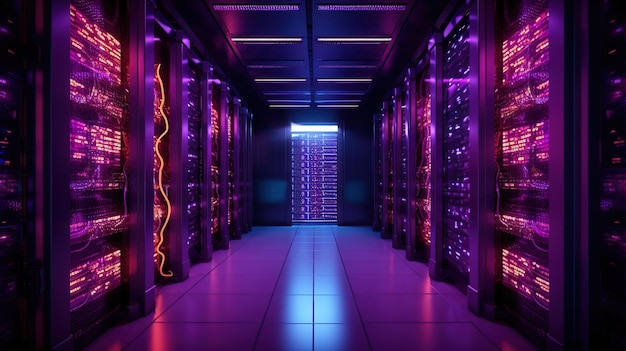 Generative AI Data Center moderna sala server ad alta tecnologia in colori al neon viola