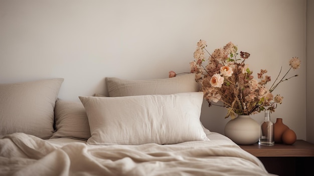 Generative AI Dettaglio camera da letto rilassante del letto con biancheria da letto di lino naturale di consistenza con colori estetici neutri attenuati