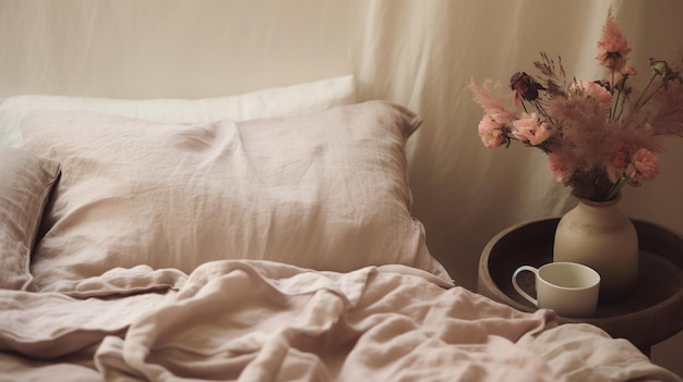 Generative AI Dettaglio camera da letto rilassante del letto con biancheria da letto di lino naturale di consistenza con colori estetici neutri attenuati